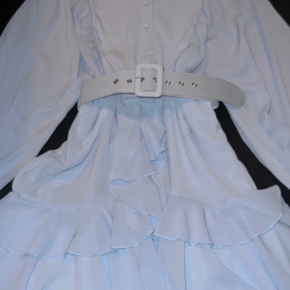 Long sleeve Ruffle Belted Dress in Winter Blue - Picture 6 of 13